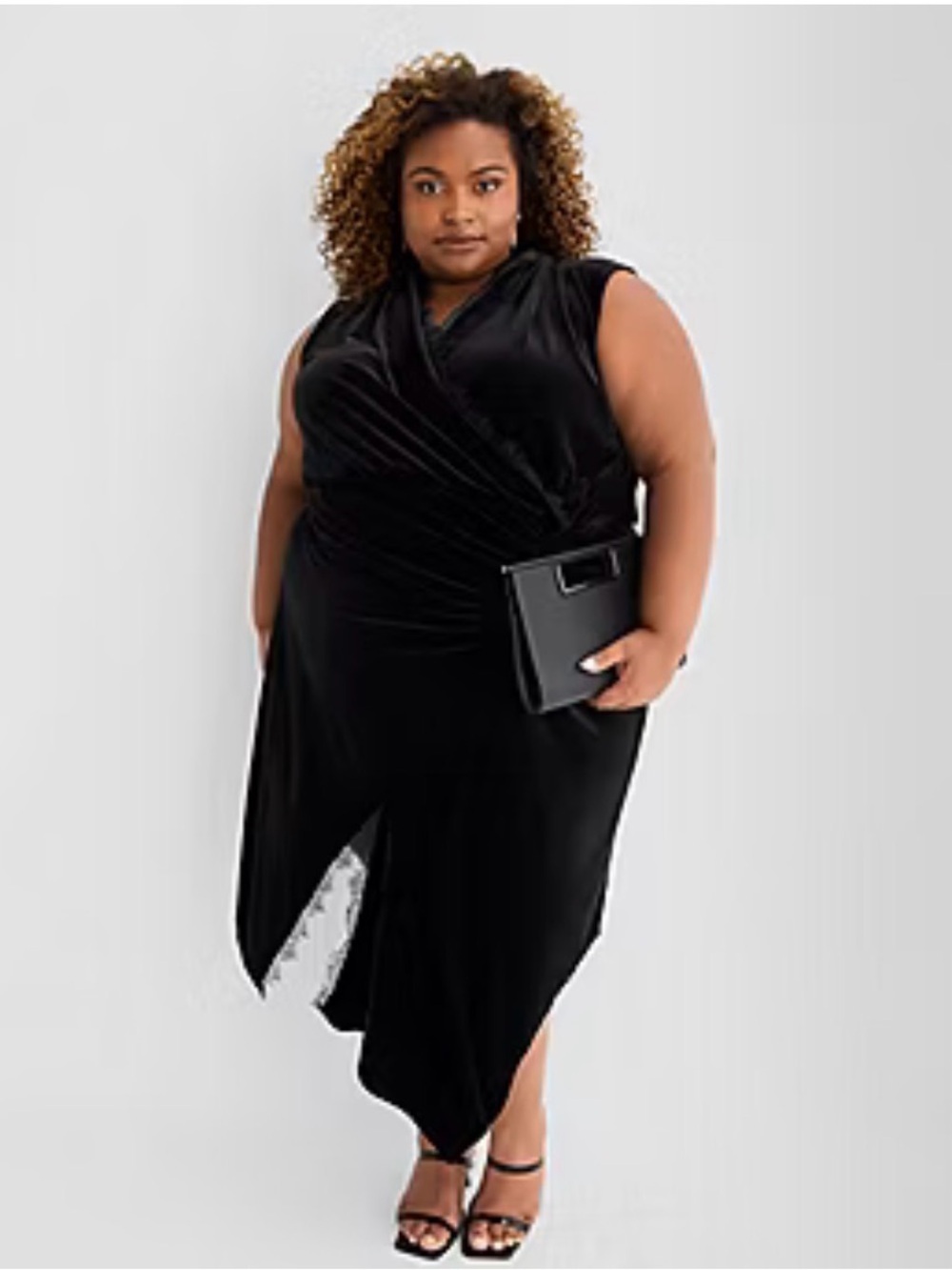 Ashley Graham Deep Black Velvet Asymmetrical Faux Wrap Dress